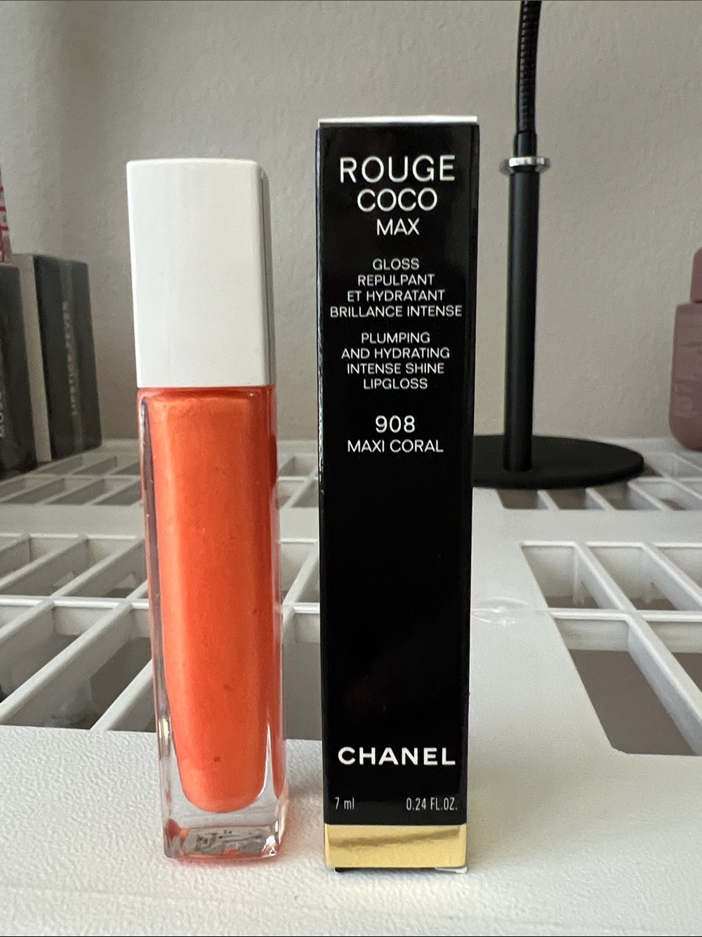 CHANEL Rouge Coco Max Lip Gloss 908 Maxi Coral - Vibrant Coral-Orange Shine